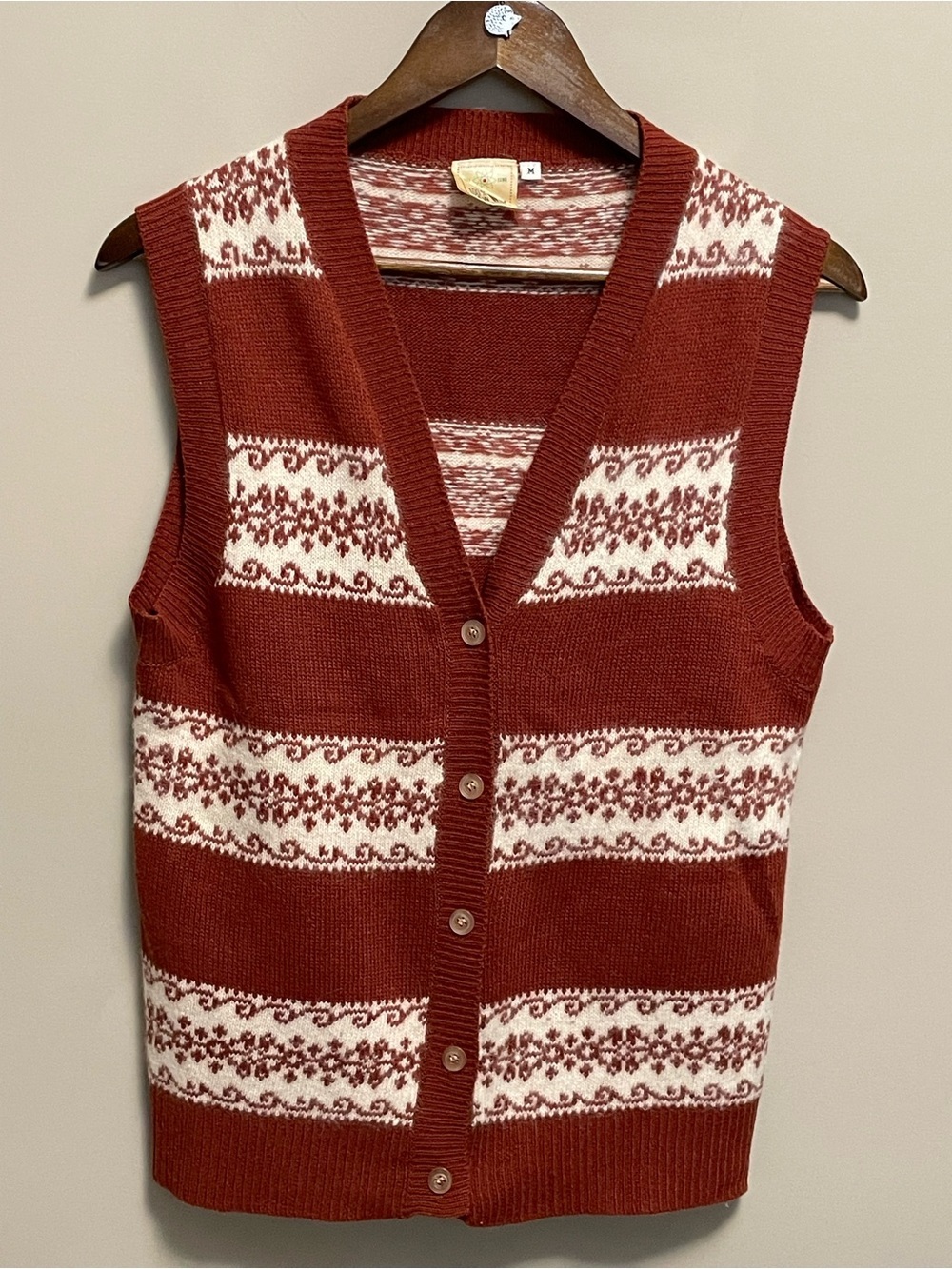 Vintage Rust Orange & Cream Fair Isle Knit Button-Front Sweater Vest Women’s M